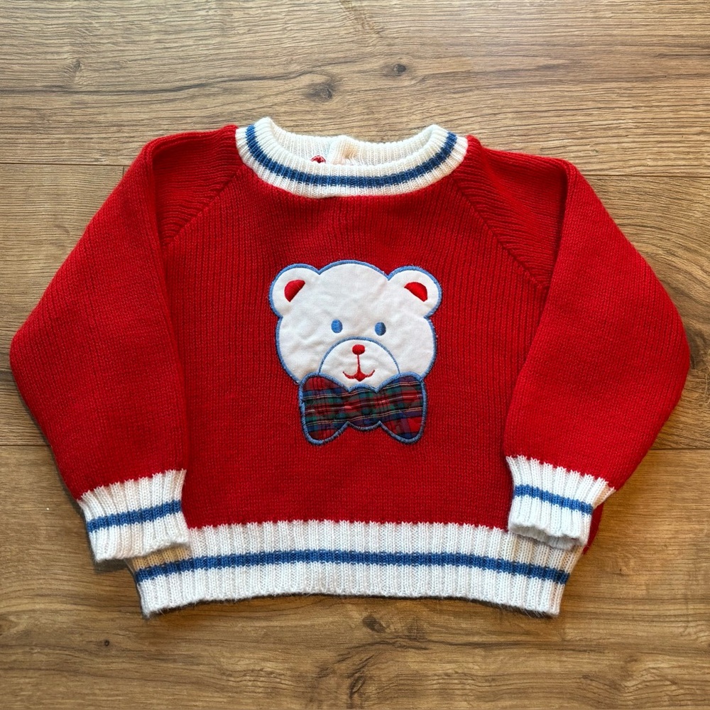 Vintage Doe-Spun Teddy Bear Appliqué Red Knit Acrylic Sweater Boy 18 Months
